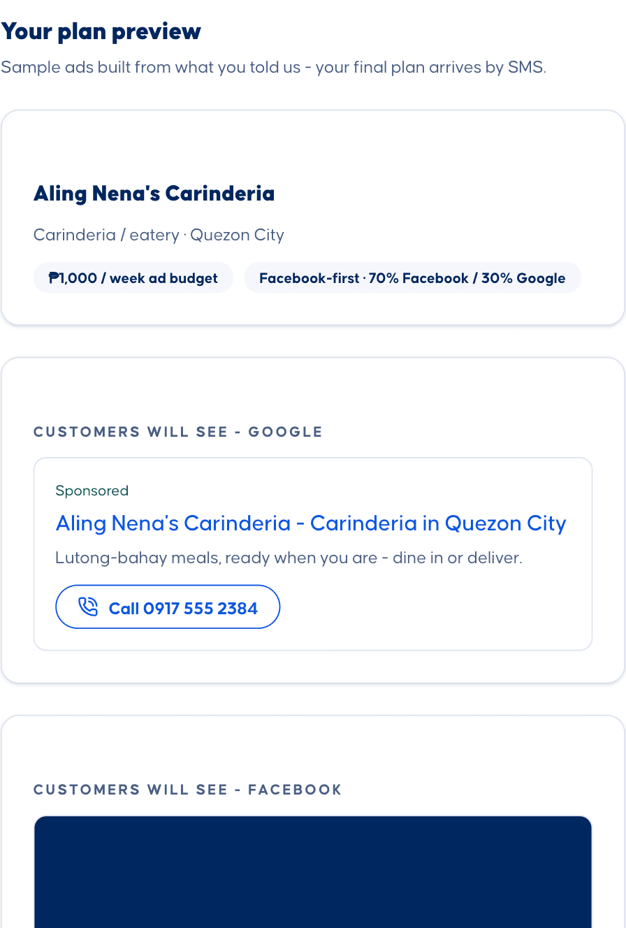 Spiral plan preview on a phone: sample ads and weekly budget